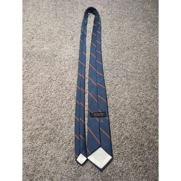 Christian Dior Mens Striped Silk Blend Necktie Blue Red White Logo Made in USA - Picture 5 of 5